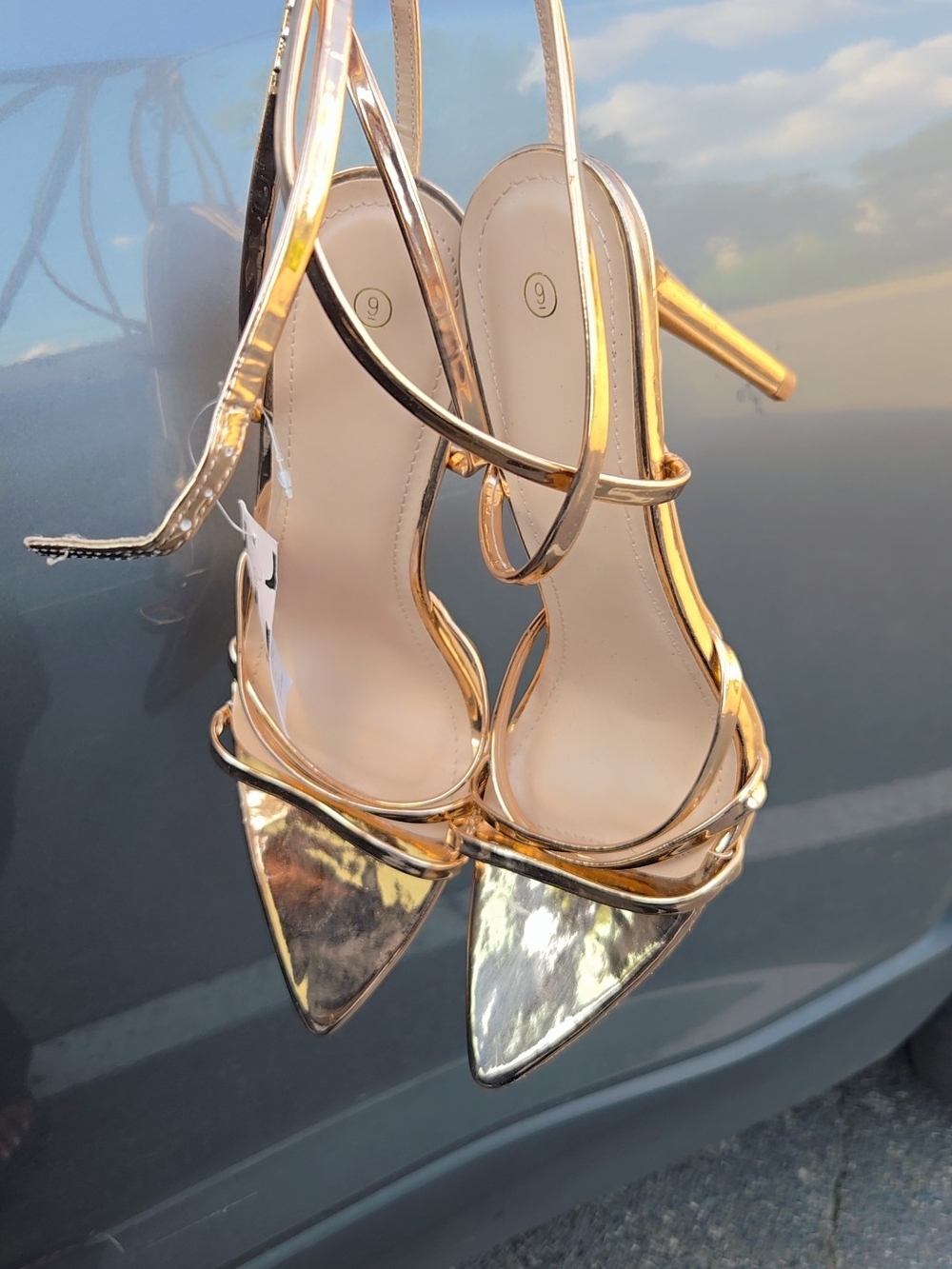 Gold Metallic Strappy Pointed-Toe Heels - Women